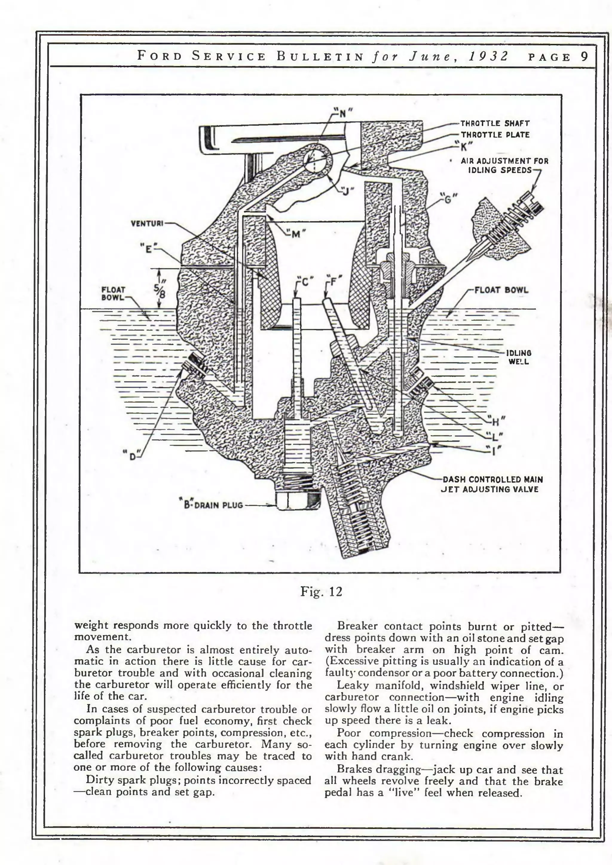 F o r d S e r v i c e B u l l e t i n f o r J u n e , 19 3 2 p a g e 9 
•THROTTLE SHAFT 
THROTTLE PLATE 
AIR ADJUSTMENT FOR 
IDLING SPEEDS 
IDLING 
WELL 
DASH CONTROLLED MAIN 
J E T ADJUSTING VALVE 
Fig. 12 
weight responds more quickly to the throttle 
movement. 
As the carburetor is almost entirely auto­matic 
in action there is little cause for car­buretor 
trouble and with occasional cleaning 
the carburetor will operate efficiently for the 
life of the car. 
In cases of suspected carburetor trouble or 
complaints of poor fuel economy, first check 
spark plugs, breaker points, compression, etc., 
before removing the carburetor. Many so-called 
carburetor troubles may be traced to 
one or more of the following causes: 
Dirty spark plugs; points incorrectly spaced 
—clean points and set gap. 
Breaker contact points burnt or pitted— 
dress points down with an oil stone and set gap 
with breaker arm on high point of cam. 
(Excessive pitting is usually an indication of a 
fault}' condensor or a poor battery connection.) 
Leaky manifold, windshield wiper line, or 
carburetor connection—with engine idling 
slowly flow a little oil on joints, if engine picks 
up speed there is a leak. 
Poor compression—check compression in 
each cylinder by turning engine over slowly 
with hand crank. 
Brakes dragging—jack up car and see that 
all wheels revolve freely and that the brake 
pedal has a “live” feel when released. 
 