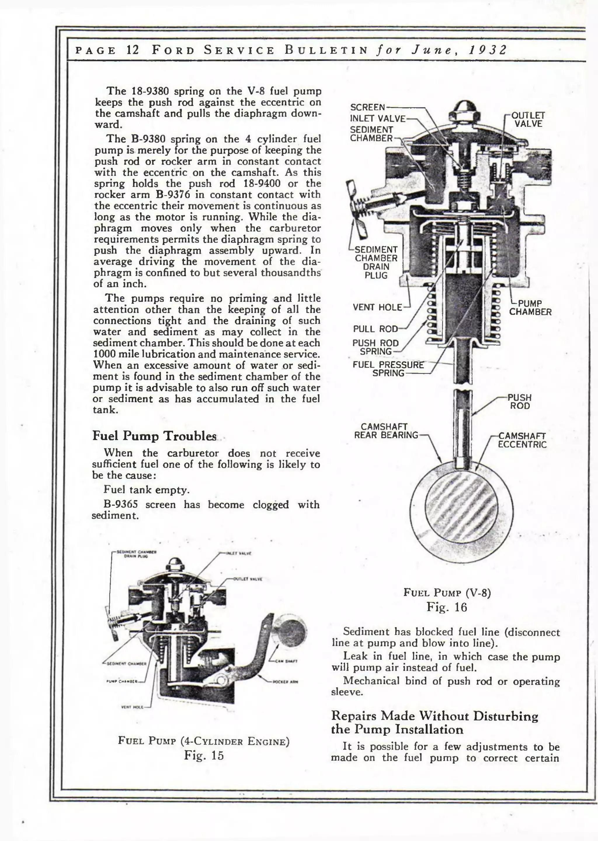 p a g e 12 F o r d S e r v i c e B u l l e t i n f o r J u n e , 1 9 3 2 
OUTLET 
VALVE 
L PUMP 
CHAMBER 
PUSH 
ROD 
SCREEN 
INLET VALVE 
SEDIMENT 
CHAMBER 
SEDIMENT 
CHAMBER 
DRAIN 
PLUG 
VENT HOLE 
PULL ROD 
PUSH ROD 
SPRING 
FUEL PRESSURE 
SPRING 
CAMSHAFT 
REAR BEARING CAMSHAFT 
ECCENTRIC 
The 18-9380 spring on the V-8 fuel pump 
keeps the push rod against the eccentric on 
the camshaft and pulls the diaphragm down­ward. 
The B-9380 spring on the 4 cylinder fuel 
pump is merely for the purpose of keeping the 
push rod or rocker arm in constant contact 
with the eccentric on the camshaft. As this 
spring holds the push rod 18-9400 or the 
rocker arm B-9376 in constant contact with 
the eccentric their movement is continuous as 
long as the motor is running. While the dia­phragm 
moves only when the carburetor 
requirements permits the diaphragm spring to 
push the diaphragm assembly upward. In 
average driving the movement of the dia­phragm 
is confined to but several thousandths 
of an inch. 
The pumps require no priming and little 
attention other than the keeping of all the 
connections tight and the draining of such 
water and sediment as may collect in the 
sediment chamber. This should be done at each 
1000 mile lubrication and maintenance service. 
When an excessive amount of water or sedi­ment 
is found in the sediment chamber of the 
pump it is advisable to also run off such water 
or sediment as has accumulated in the fuel 
tank. 
Fuel Pump Troubles 
When the carburetor does not receive 
sufficient fuel one of the following is likely to 
be the cause: 
Fuel tank empty. 
B-9365 screen has become clogged with 
sediment. 
F u e l P um p (V-8) 
Fig. 16 
Sediment has blocked fuel line (disconnect 
line at pump and blow into line). 
Leak in fuel line, in which case the pump 
will pump air instead of fuel. 
Mechanical bind of push rod or operating 
sleeve. 
F u e l P um p ( 4 - C y l i n d e r E n g i n e ) 
Fig. 15 
Repairs Made Without Disturbing 
the Pump Installation 
It is possible for a few adjustments to be 
made on the fuel pump to correct certain 
 