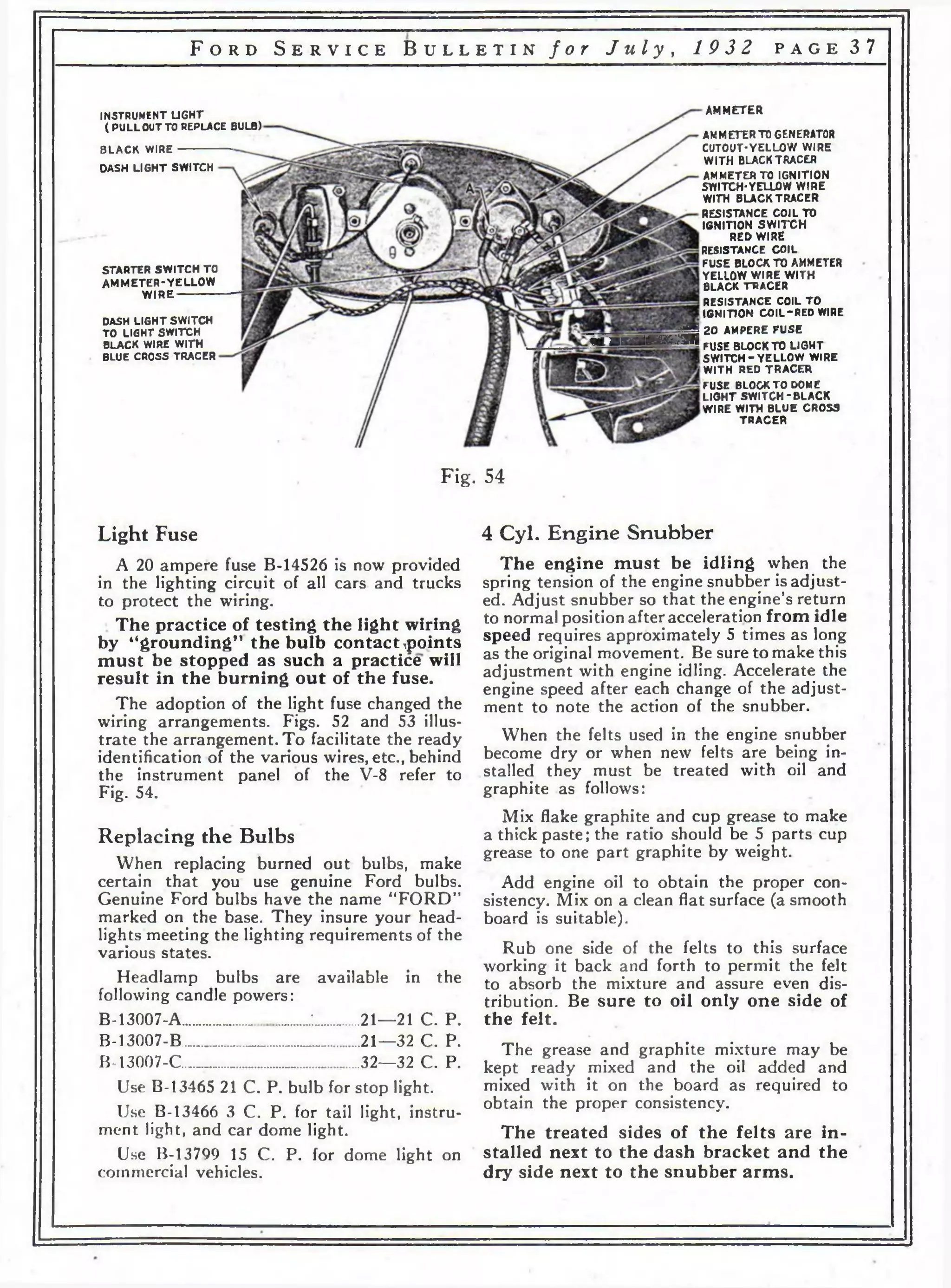 F o r d S e r v i c e B u l l e t i n f o r J u l y , 1 9 3 2 p a g e 3 7 
INSTRUMENT UGHT 
(PULL OUT TO REPLACE BULB) 
BLACK WIRE 
DASH LIGHT SWITCH 
STARTER SWITCH TO 
AM M E TER -Y E L LOW 
W IR E 
DASH LIGHT SWITCH 
TO LIGHT SWITCH 
BLACK WIRE WITH 
BLUE CROSS TRACER 
AMMETER 
AM M ETER TO GENERATOR 
CUTOUT-YELLOW WIRE 
WITH BLACK TRACER 
AMMETER TO IGNITION 
SWITCH-YELLOW WIRE 
WITH BLACK TRACER 
RESISTANCE COIL TO 
IGNITION SWITCH 
RED WIRE 
RESISTANCE COIL 
FUSE BLOCK TO AMMETER 
YELLOW WIRE WITH 
BLACK TRACER 
RESISTANCE COIL TO 
IGNmON COIL-RED WIRE 
I.........Д 20 AMPERE FUSE 
М Ш Я Я * ! FUse BLOCK TO LIGHT 
SWITCH-YELLOW WIRE 
WITH RED TRACER 
FUSE BLOCK TO DOME 
LIGHT SWITCH-BLACK 
WIRE WITH BLUE CROSS 
TRACER 
Fig. 54 
Light Fuse 
A 20 ampere fuse B-14526 is now provided 
in the lighting circuit of all cars and trucks 
to protect the wiring. 
The practice of testing the light wiring 
by “grounding” the bulb contact ^points 
must be stopped as such a practice will 
result in the burning out of the fuse. 
The adoption of the light fuse changed the 
wiring arrangements. Figs. 52 and 53 illus­trate 
the arrangement. To facilitate the ready 
identification of the various wires, etc., behind 
the instrument panel of the V-8 refer to 
Fig. 54. 
Replacing the Bulbs 
When replacing burned out bulbs, make 
certain that you use genuine Ford bulbs. 
Genuine Ford bulbs have the name “FORD” 
marked on the base. They insure your head­lights 
meeting the lighting requirements of the 
various states. 
Headlamp bulbs are available in the 
following candle powers: 
B-13007-A............................;_____21—21 C. P. 
B-13007-B.... .................................. 21—32 C. P. 
B-13007-C........... ............................ 32—32 C. P. 
Use B-13465 21 C. P. bulb for stop light. 
Use B-13466 3 C. P. for tail light, instru­ment 
light, and car dome light. 
Use B-13799 15 C. P. for dome light on 
commercial vehicles. 
4 Cyl. En g in e S n u b b e r 
The engine must be idling when the 
spring tension of the engine snubber is adjust­ed. 
Adjust snubber so that the engine’s return 
to normal position after acceleration from idle 
speed requires approximately 5 times as long 
as the original movement. Be sure to make this 
adjustment with engine idling. Accelerate the 
engine speed after each change of the adjust­ment 
to note the action of the snubber. 
When the felts used in the engine snubber 
become dry or when new felts are being in­stalled 
they must be treated with oil and 
graphite as follows: 
Mix flake graphite and cup grease to make 
a thick paste; the ratio should be 5 parts cup 
grease to one part graphite by weight. 
Add engine oil to obtain the proper con­sistency. 
Mix on a clean flat surface (a smooth 
board is suitable). 
Rub one side of the felts to this surface 
working it back and forth to permit the felt 
to absorb the mixture and assure even dis­tribution. 
Be sure to oil only one side of 
the felt. 
The grease and graphite mixture may be 
kept ready mixed and the oil added and 
mixed with it on the board as required to 
obtain the proper consistency. 
The treated sides of the felts are in ­stalled 
next to the dash bracket and the 
dry side next to the snubber arms. 
 