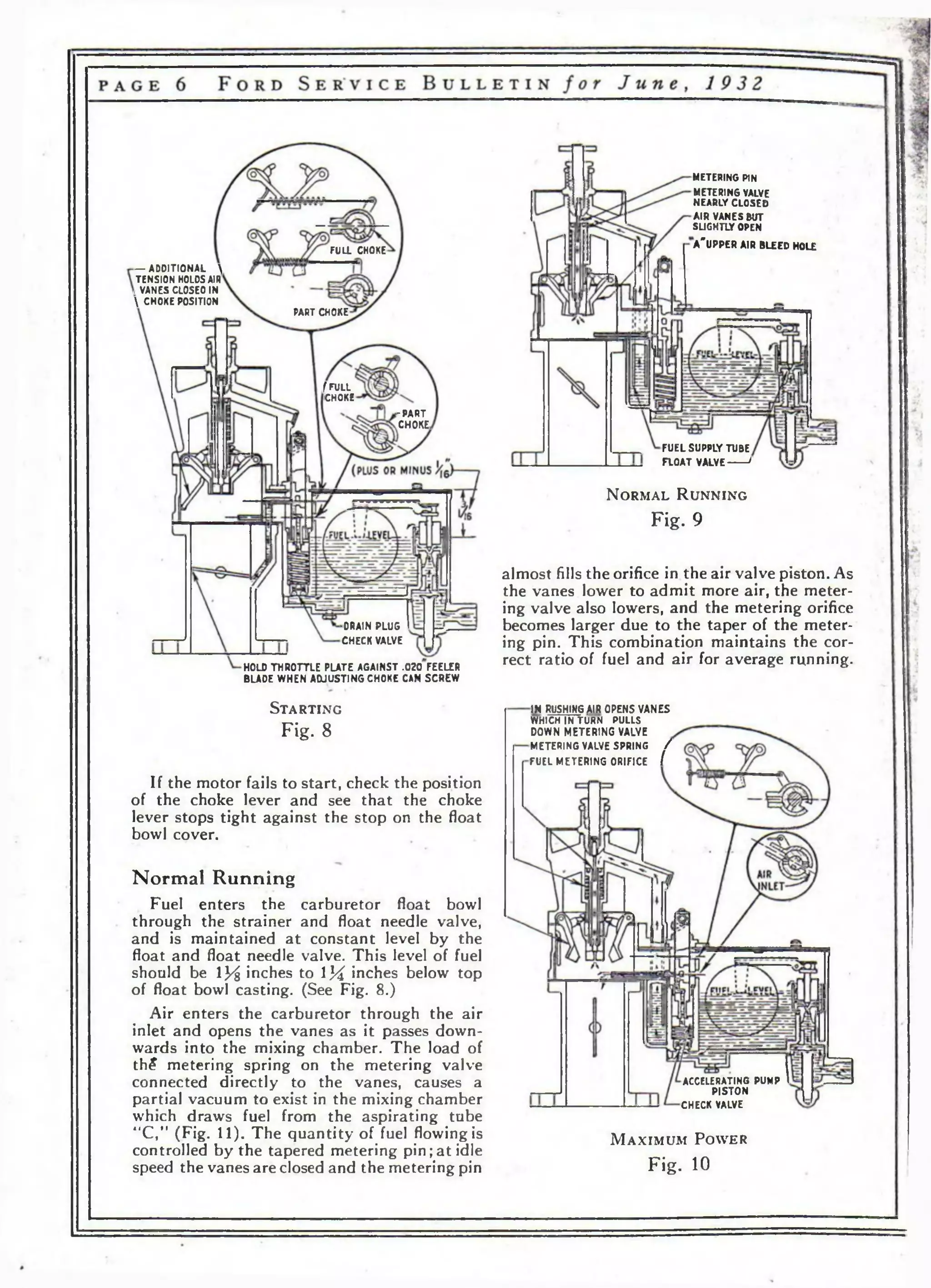 METERING PIN 
METERIN6 YALYE 
NEARLY CLOSED 
AIR VANES BUT 
SUGKTLY OPEN 
A'UPPER FULL CHOKE AIR BLEED HOLE 
— ADDITIONAL  
TENSION HOLDS AIR 
, VANES CLOSEO IN 
 CHOKE POSITION 
PART CHOKE 
f FULL 
CHOKE 
-PART 
CHOKE. 
FUEL SUPPLY TUBE 
FLOAT VALVE--------* 
N o rm a l R u n n in g 
Fig. 9 
almost fills the orifice in the air valve piston. As 
the vanes lower to admit more air, the meter­ing 
valve also lowers, and the metering orifice 
becomes larger due to the taper of the meter­ing 
pin. This combination maintains the cor­rect 
ratio of fuel and air for average running. 
■DRAIN PLUG 
CHECK VALVE 
HOLD THROTTLE PLATE AGAINST .020 FEELER 
BLADE WHEN AOJUSTING CHOKE CAN SCREW 
S t a r t i n g 
Fig. 8 
IN RUSHING |MR OPENS VANES 
WHICH IN TURN PULLS 
DOWN METERING VALYE 
METERING VALVE SPRING / 
FUEL METERING ORIFICE I 
If the motor fails to start, check the position 
of the choke lever and see that the choke 
lever stops tight against the stop on the float 
bowl cover. 
Normal Running 
Fuel enters the carburetor float bowl 
through the strainer and float needle valve, 
and is maintained at constant level by the 
float and float needle valve. This level of fuel 
should be 1% inches to  x/ i inches below top 
of float bowl casting. (See Fig. 8.) 
Air enters the carburetor through the air 
inlet and opens the vanes as it passes down­wards 
into the mixing chamber. The load of 
th? metering spring on the metering valve 
connected directly to the vanes, causes a 
partial vacuum to exist in the mixing chamber 
which draws fuel from the aspirating tube 
“C,M (Fig. 11). The quantity of fuel flowing is 
controlled by the tapered metering pin;at idle 
speed the vanes are closed and the metering pin 
ACCELERATING PUMP 
PISTON 
CHECK VALVE 
M a x im u m P o w e r 
Fig. 10 
 