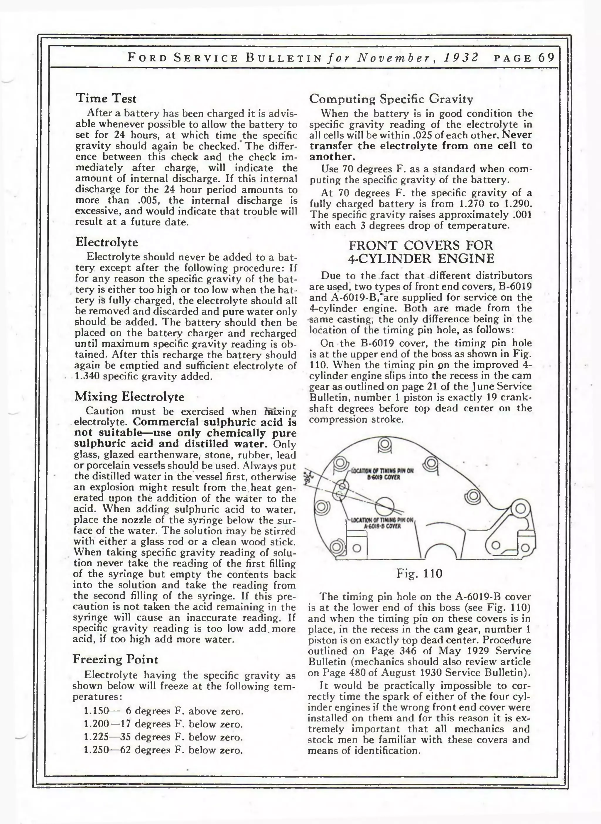F o r d S e r v i c e B u l l e t i n f o r N o v e m b e r , 1 9 3 2 p a g e 69 
Time Test 
After a battery has been charged it is advis­able 
whenever possible to allow the battery to 
set for 24 hours, at which time the specific 
gravity should again be checked. The differ­ence 
between this check and the check im­mediately 
after charge, will indicate the 
amount of internal discharge. If this internal 
discharge for the 24 hour period amounts to 
more than .005, the internal discharge is 
excessive, and would indicate that trouble will 
result at a future date. 
Electrolyte 
Electrolyte should never be added to a bat­tery 
except after the following procedure: If 
for any reason the specific gravity of the bat­tery 
is either too high or too low when the bat­tery 
is fully charged, the electrolyte should all 
be removed and discarded and pure water only 
should be added. The battery should then be 
placed on the battery charger and recharged 
until maximum specific gravity reading is ob­tained. 
After this recharge the battery should 
again be emptied and sufficient electrolyte of 
1.340 specific gravity added. 
Mixing Electrolyte 
Caution must be exercised when ?nixing 
-electrolyte. Commercial sulphuric acid is 
not suitable—use only chemically pure 
sulphuric acid and distilled water. Only 
glass, glazed earthenware, stone, rubber, lead 
or porcelain vessels should be used. Always put 
the distilled water in the vessel first, otherwise 
an explosion might result from the heat gen­erated 
upon the addition of the water to the 
acid. When adding sulphuric acid to water, 
place the nozzle of the syringe below the sur­face 
of the water. The solution may be stirred 
with either a glass rod or a clean wood stick. 
When taking specific gravity reading of solu­tion 
never take the reading of the first filling 
of the syringe but empty the contents back 
into the solution and take the reading from 
the second filling of the syringe. If this pre­caution 
is not taken the acid remaining in the 
syringe will cause an inaccurate reading. If 
specific gravity reading is too low add. more 
acid, if too high add more water. 
Freezing Point 
Electrolyte having the specific gravity as 
shown below will freeze at the following tem­peratures: 
1.150— 6 degrees F. above zero. 
1.200—17 degrees F. below zero. 
1.225—35 degrees F. below zero. 
1.250—62 degrees F. below zero. 
Computing Specific Gravity 
When the battery is in good condition the 
specific gravity reading of the electrolyte in 
all cells will be within .025 of each other. Never 
transfer the electrolyte from one cell to 
another. 
Use 70 degrees F. as a standard when com­puting 
the specific gravity of the battery. 
At 70 degrees F. the specific gravity of a 
fully charged battery is from 1.270 to 1.290. 
The specific gravity raises approximately .001 
with each 3 degrees drop of temperature. 
FRONT COVERS FOR 
4-CYLINDER ENGINE 
Due to the fact that different distributors 
are used, two types of front end covers, B-6019 
and A-6019-B,*are supplied for service on the 
4-cylinder engine. Both are made from the 
same casting, the only difference being in the 
location of the timing pin hole, as follows: 
On the B-6019 cover, the timing pin hole 
is at the upper end of the boss as shown in Fig. 
110. When the timing pin on the improved 4- 
cylinder engine slips into the recess in the cam 
gear as outlined on page 21 of the June Service 
Bulletin, number 1 piston is exactly 19 crank­shaft 
degrees before top dead center on the 
compression stroke. 
Fig. 110 
The timing pin hole on the A-6019-B cover 
is at the lower end of this boss (see Fig. 110) 
and when the timing pin on these covers is in 
place, in the recess in the cam gear, number 1 
piston is on exactly top dead center. Procedure 
outlined on Page 346 of May 1929 Service 
Bulletin (mechanics should also review article 
on Page 480 of August 1930 Service Bulletin). 
It would be practically impossible to cor­rectly 
time the spark of either of the four cyl­inder 
engines if the wrong front end cover were 
installed on them and for this reason it is ex­tremely 
important that all mechanics and 
stock men be familiar with these covers and 
means of identification. 
 