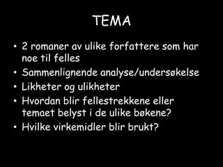TEMA2 romaner av ulike forfattere som har noe til fellesSammenlignende analyse/undersøkelseLikheter og ulikheterHvordan blir fellestrekkene eller temaet belyst i de ulike bøkene?Hvilke virkemidler blir brukt?