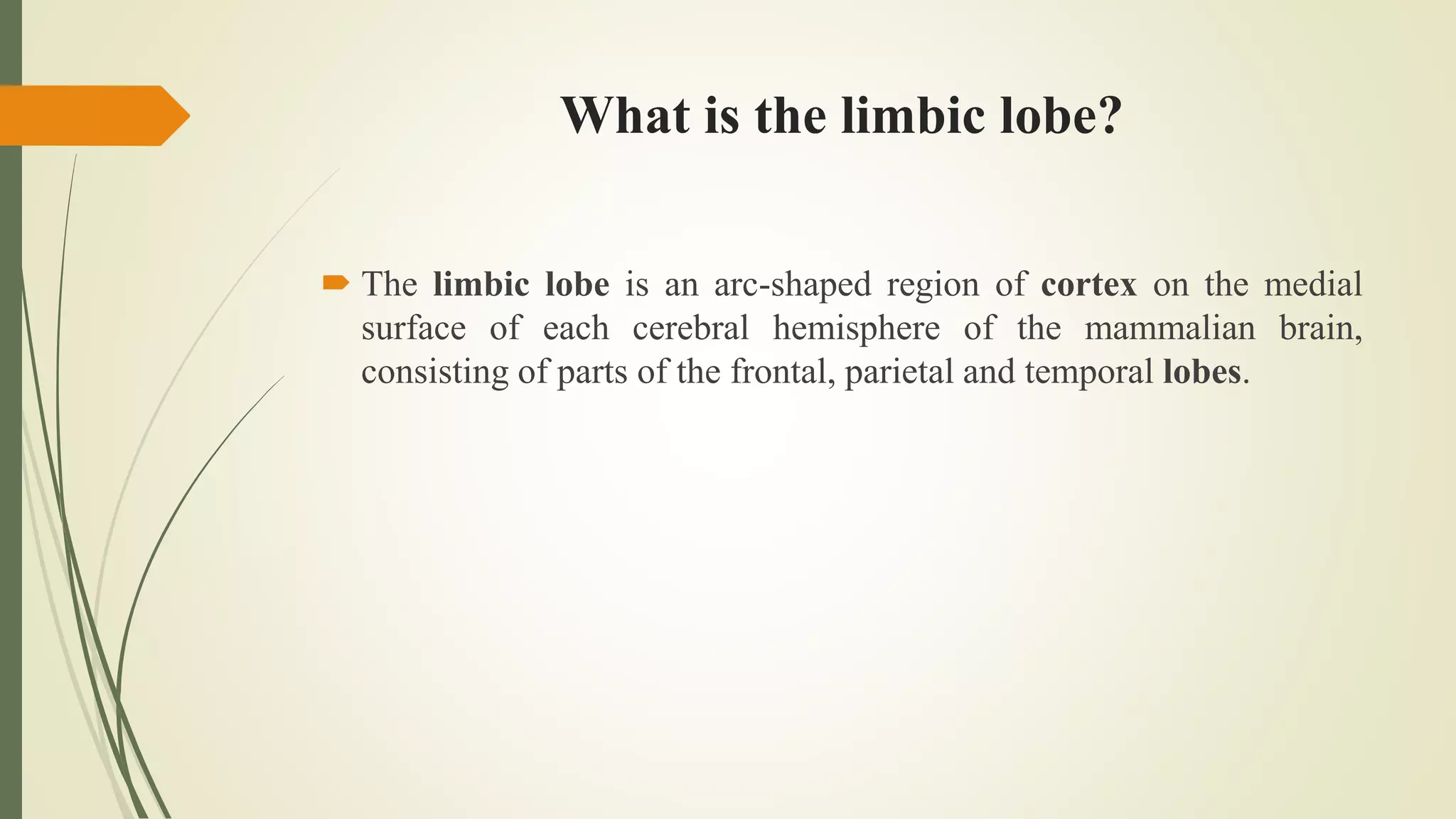 What is the limbic lobe?
 The limbic lobe is an arc-shaped region of cortex on the medial
surface of each cerebral hemisphere of the mammalian brain,
consisting of parts of the frontal, parietal and temporal lobes.
 