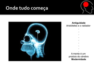 Antiguidade
Aristóteles e o radiador
            .
            .
            .
            .
            .
            .
            .
            .
            .
     A mente é um
  produto do cérebro
     Modernidade
 