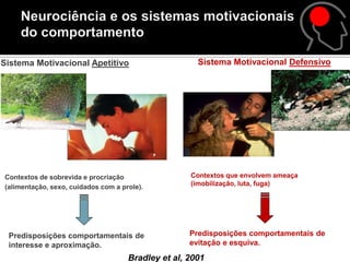 Sistema Motivacional Apetitivo                        Sistema Motivacional Defensivo




Contextos de sobrevida e procriação                 Contextos que envolvem ameaça
(alimentação, sexo, cuidados com a prole).          (imobilização, luta, fuga)




 Predisposições comportamentais de                  Predisposições comportamentais de
 interesse e aproximação.                           evitação e esquiva.
                                     Bradley et al, 2001
 