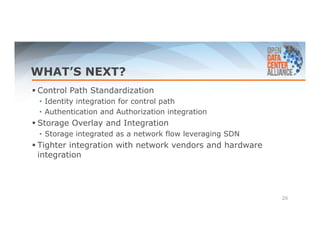 WHAT’S NEXT? 
 Control Path Standardization 
• Identity integration for control path 
• Authentication and Authorization integration 
 Storage Overlay and Integration 
• Storage integrated as a network flow leveraging SDN 
 Tighter integration with network vendors and hardware 
integration 
26 
 