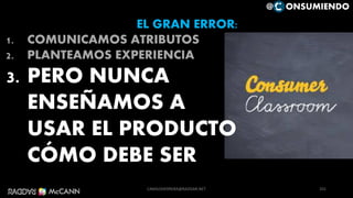 EL GRAN ERROR:
1. COMUNICAMOS ATRIBUTOS
2. PLANTEAMOS EXPERIENCIA
3. PERO NUNCA
ENSEÑAMOS A
USAR EL PRODUCTO
CÓMO DEBE SER
101
@ ONSUMIENDO
CAMILOHERRERA@RADDAR.NET
 