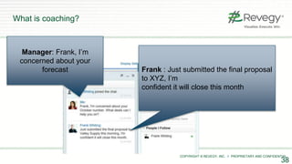 COPYRIGHT © REVEGY, INC. // PROPRIETARY AND CONFIDENTIAL
What is coaching?
38
Manager: Frank, I’m
concerned about your
forecast Frank : Just submitted the final proposal
to XYZ, I’m
confident it will close this month
 