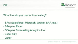 COPYRIGHT © REVEGY, INC. // PROPRIETARY AND CONFIDENTIAL
Poll
What tool do you use for forecasting?
- SFA (Salesforce, Microsoft, Oracle, SAP, etc.)
- SFA plus Excel
- SFA plus Forecasting Analytics tool
- Excel only
- Other
 