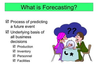 What is Forecasting?

 Process of predicting
  a future event
 Underlying basis of     ??
  all business
  decisions
      Production
      Inventory
      Personnel
      Facilities
 