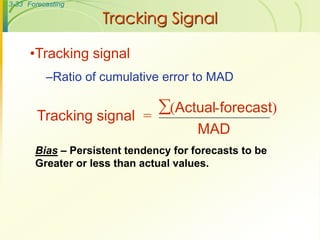 3-33 Forecasting

                    Tracking Signal

      •Tracking signal
          –Ratio of cumulative error to MAD


        Tracking signal =
                          (Actual-forecast)
                                       MAD
       Bias – Persistent tendency for forecasts to be
       Greater or less than actual values.
 