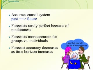 3-4   Forecasting




          Assumes causal system
           past ==> future
          Forecasts rarely perfect because of
           randomness
          Forecasts more accurate for
           groups vs. individuals           I see that you will
                                            get an A this semester.
          Forecast accuracy decreases
           as time horizon increases
 
