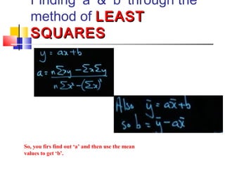 Finding ‘a’ & ‘b’ through the
method of LEASTLEAST
SQUARESSQUARES
So, you firs find out ‘a’ and then use the mean
values to get ‘b’.
 