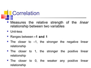 Correlation
 Measures the relative strength of the linear
relationship between two variables
 Unit-less
 Ranges between –1 and 1–1 and 1
 The closer to –1, the stronger the negative linear
relationship
 The closer to 1, the stronger the positive linear
relationship
 The closer to 0, the weaker any positive linear
relationship
 