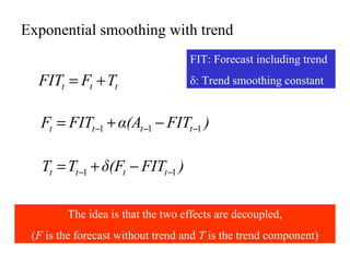 Exponential smoothing with trend
ttt TFFIT +=
)FITα(AFITF tttt 111 −−− −+=
)FITδ(FTT tttt 11 −− −+=
FIT: Forecast including trend
δ: Trend smoothing constant
The idea is that the two effects are decoupled,
(F is the forecast without trend and T is the trend component)
 