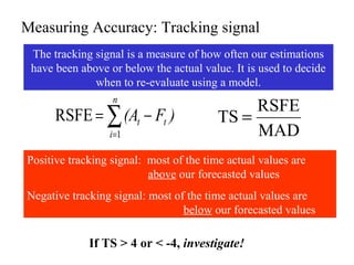 Measuring Accuracy: Tracking signal
The tracking signal is a measure of how often our estimations
have been above or below the actual value. It is used to decide
when to re-evaluate using a model.
MAD
RSFE
TS =∑=
−=
n
i
tt )F(A
1
RSFE
Positive tracking signal: most of the time actual values are
above our forecasted values
Negative tracking signal: most of the time actual values are
below our forecasted values
If TS > 4 or < -4, investigate!
 