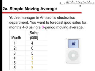 2a. Simple Moving Average
You’re manager in Amazon’s electronics
department. You want to forecast ipod sales for
months 4-6 using a 3-period moving average.
n
A+...+A+A+A
=F 1n-t2-t1-tt
1t
+
+
Month
Sales
(000)
1 4
2 6
3 5
4 ?
5 ?
6 ?
 