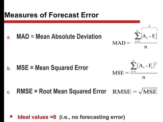 Measures of Forecast Error
b. MSE = Mean Squared Error ( )
n
F-A
=MSE
n
1=t
2
tt∑
MAD =
A - F
n
t t
t=1
n
∑
et
 Ideal values =0 (i.e., no forecasting error)
MSE=RMSEc. RMSE = Root Mean Squared Error
a. MAD = Mean Absolute Deviation
 