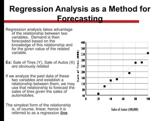 Regression Analysis as a Method for
Forecasting
Regression analysis takes advantage
of the relationship between two
variables. Demand is then
forecasted based on the
knowledge of this relationship and
for the given value of the related
variable.
Ex: Sale of Tires (Y), Sale of Autos (X)
are obviously related
If we analyze the past data of these
two variables and establish a
relationship between them, we may
use that relationship to forecast the
sales of tires given the sales of
automobiles.
The simplest form of the relationship
is, of course, linear, hence it is
referred to as a regression line.
Sales of Autos (100,000)
 