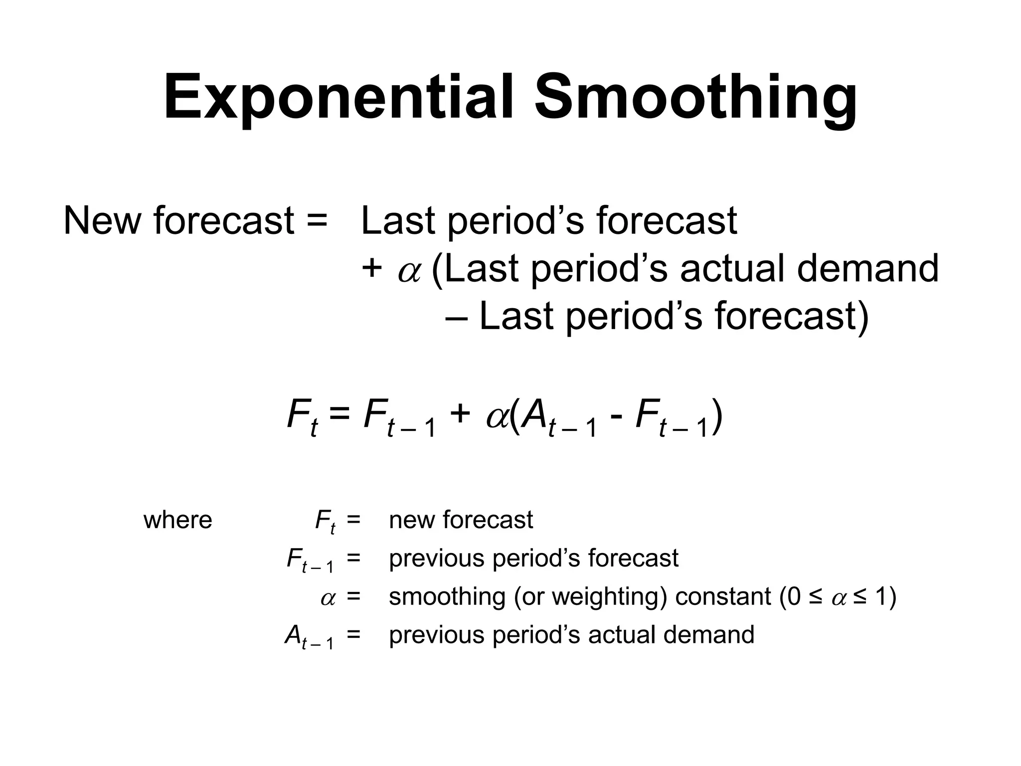Exponential Smoothing
New forecast = Last period’s forecast
+  (Last period’s actual demand
– Last period’s forecast)
Ft = Ft – 1 + (At – 1 - Ft – 1)
where Ft = new forecast
Ft – 1 = previous period’s forecast
 = smoothing (or weighting) constant (0 ≤  ≤ 1)
At – 1 = previous period’s actual demand
 