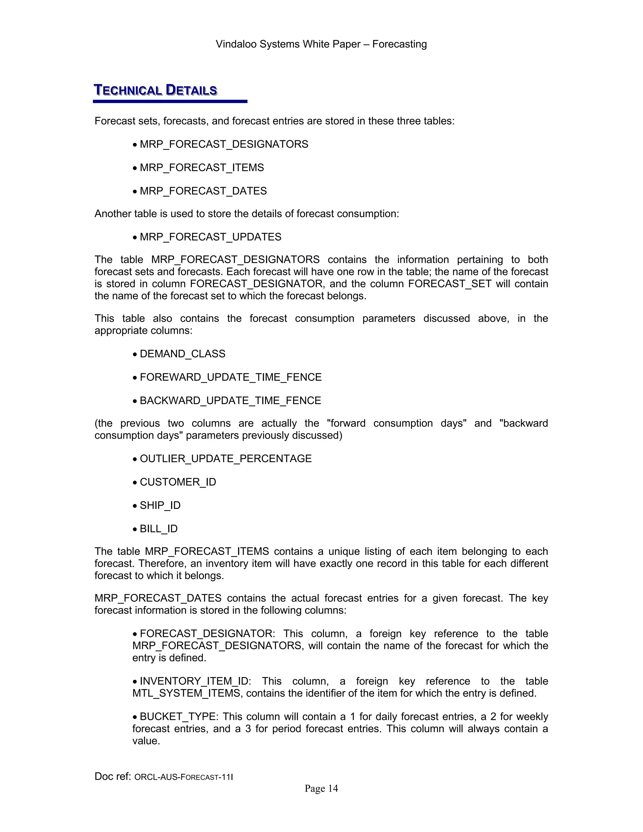 Vindaloo Systems White Paper – Forecasting
Doc ref: ORCL-AUS-FORECAST-11I
Page 14
TTTEEECCCHHHNNNIIICCCAAALLL DDDEEETTTAAAIIILLLSSS
Forecast sets, forecasts, and forecast entries are stored in these three tables:
• MRP_FORECAST_DESIGNATORS
• MRP_FORECAST_ITEMS
• MRP_FORECAST_DATES
Another table is used to store the details of forecast consumption:
• MRP_FORECAST_UPDATES
The table MRP_FORECAST_DESIGNATORS contains the information pertaining to both
forecast sets and forecasts. Each forecast will have one row in the table; the name of the forecast
is stored in column FORECAST_DESIGNATOR, and the column FORECAST_SET will contain
the name of the forecast set to which the forecast belongs.
This table also contains the forecast consumption parameters discussed above, in the
appropriate columns:
• DEMAND_CLASS
• FOREWARD_UPDATE_TIME_FENCE
• BACKWARD_UPDATE_TIME_FENCE
(the previous two columns are actually the "forward consumption days" and "backward
consumption days" parameters previously discussed)
• OUTLIER_UPDATE_PERCENTAGE
• CUSTOMER_ID
• SHIP_ID
• BILL_ID
The table MRP_FORECAST_ITEMS contains a unique listing of each item belonging to each
forecast. Therefore, an inventory item will have exactly one record in this table for each different
forecast to which it belongs.
MRP_FORECAST_DATES contains the actual forecast entries for a given forecast. The key
forecast information is stored in the following columns:
• FORECAST_DESIGNATOR: This column, a foreign key reference to the table
MRP_FORECAST_DESIGNATORS, will contain the name of the forecast for which the
entry is defined.
• INVENTORY_ITEM_ID: This column, a foreign key reference to the table
MTL_SYSTEM_ITEMS, contains the identifier of the item for which the entry is defined.
• BUCKET_TYPE: This column will contain a 1 for daily forecast entries, a 2 for weekly
forecast entries, and a 3 for period forecast entries. This column will always contain a
value.
 