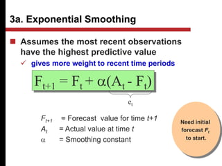 3a. Exponential Smoothing
 Assumes the most recent observations
have the highest predictive value
 gives more weight to recent time periods
Ft+1 = Ft + a(At - Ft)
et
Ft+1 = Forecast value for time t+1
At = Actual value at time t
a = Smoothing constant
Need initial
forecast Ft
to start.
 