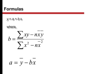 Formulas
x
b
y
a 





 2
2
x
n
x
y
x
n
xy
b
x
y

x

y
y = a + b x
where,
 