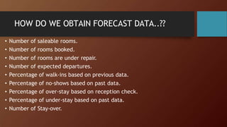 HOW DO WE OBTAIN FORECAST DATA..??
• Number of saleable rooms.
• Number of rooms booked.
• Number of rooms are under repai...