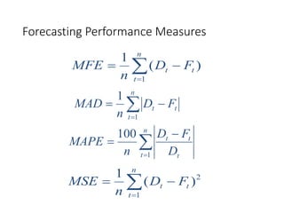 Forecasting Performance Measures
)
(
1
1
t
n
t
t F
D
n
MFE 
 





n
t
t
t F
D
n
MAD
1
1




n
t t
t
t
D
F
D
n
MAPE
1
100
2
1
)
(
1
t
n
t
t F
D
n
MSE 
 

 