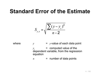 4 - 105
Standard Error of the Estimate
where y = y-value of each data point
yc = computed value of the
dependent variable, from the regression
equation
n = number of data points
 