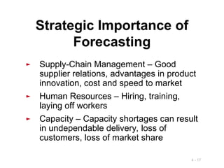 4 - 17
Strategic Importance of
Forecasting
► Supply-Chain Management – Good
supplier relations, advantages in product
innovation, cost and speed to market
► Human Resources – Hiring, training,
laying off workers
► Capacity – Capacity shortages can result
in undependable delivery, loss of
customers, loss of market share
 