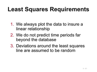 4 - 81
Least Squares Requirements
1. We always plot the data to insure a
linear relationship
2. We do not predict time periods far
beyond the database
3. Deviations around the least squares
line are assumed to be random
 
