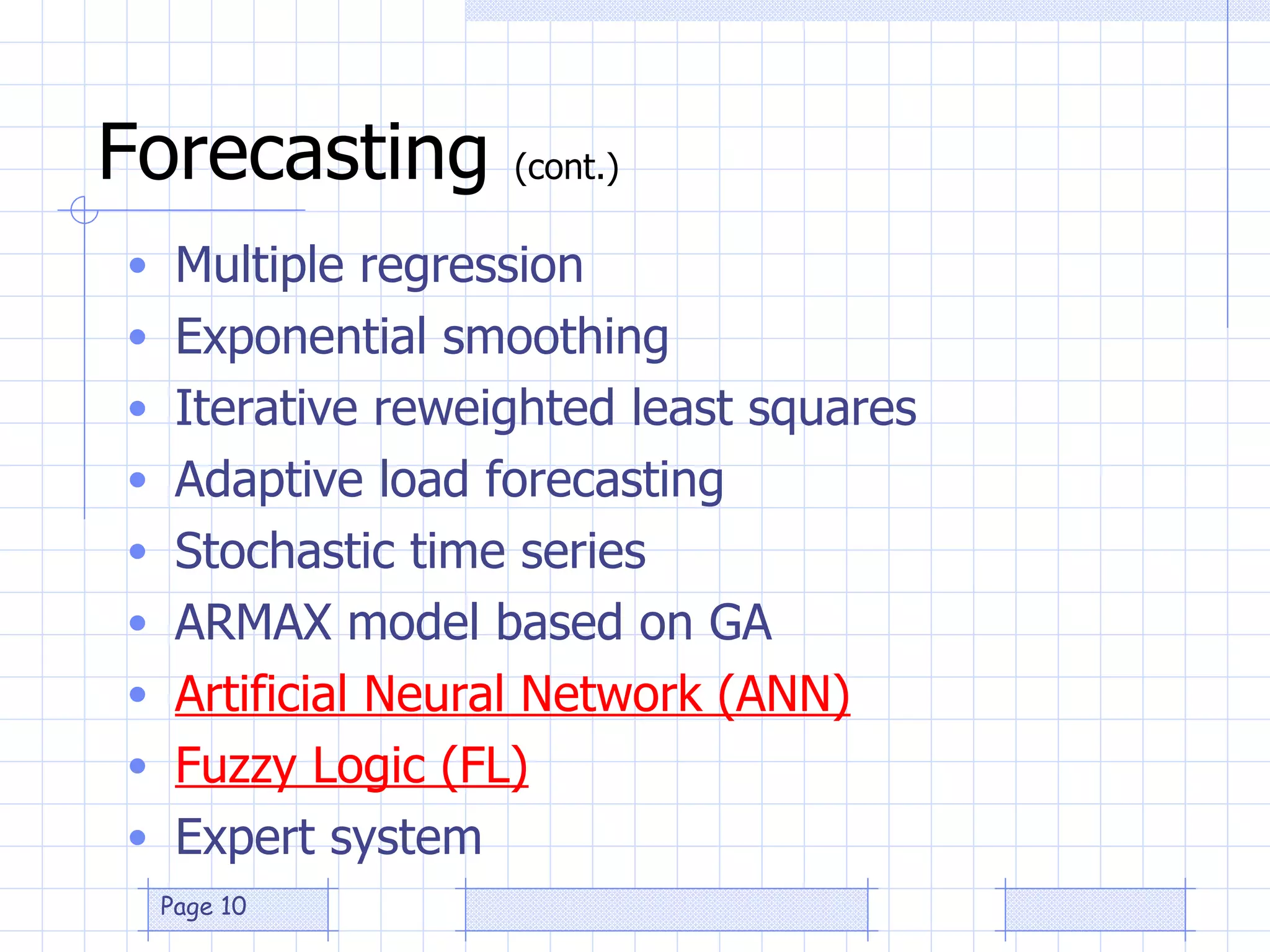 Forecasting  (cont.) Multiple regression Exponential smoothing Iterative reweighted least squares Adaptive load forecasting Stochastic time series ARMAX model based on GA Artificial Neural Network (ANN) Fuzzy Logic (FL) Expert system 