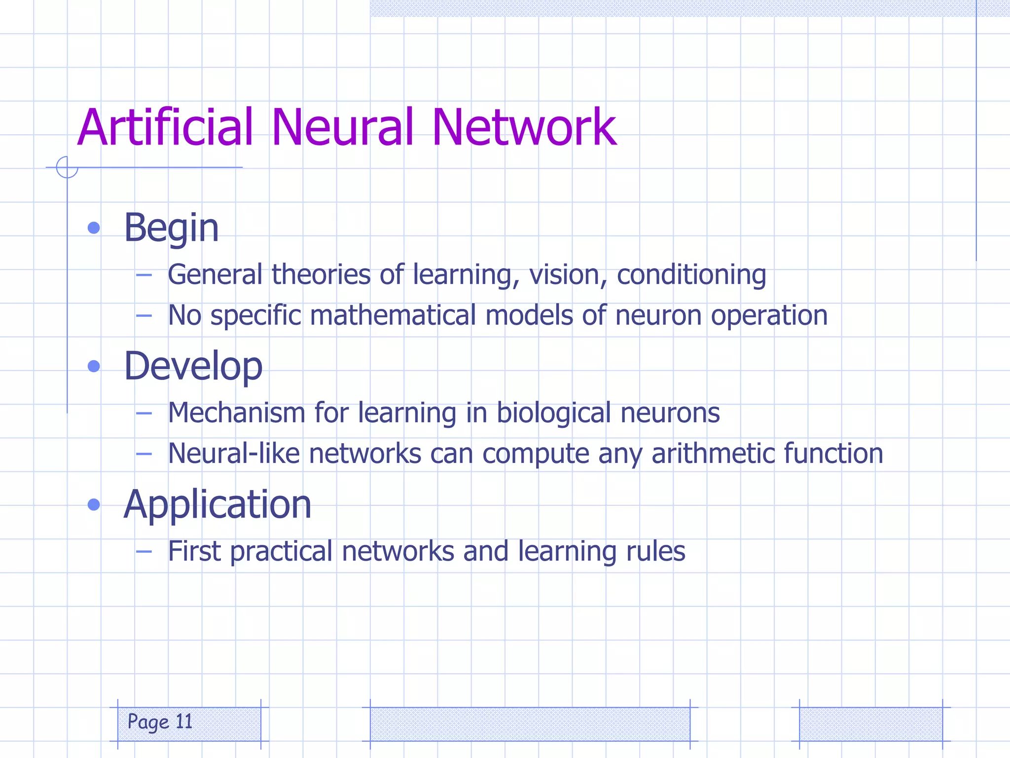 Begin General theories of learning, vision, conditioning No specific mathematical models of neuron operation Develop Mechanism for learning in biological neurons Neural-like networks can compute any arithmetic function Application First practical networks and learning rules Artificial Neural Network 