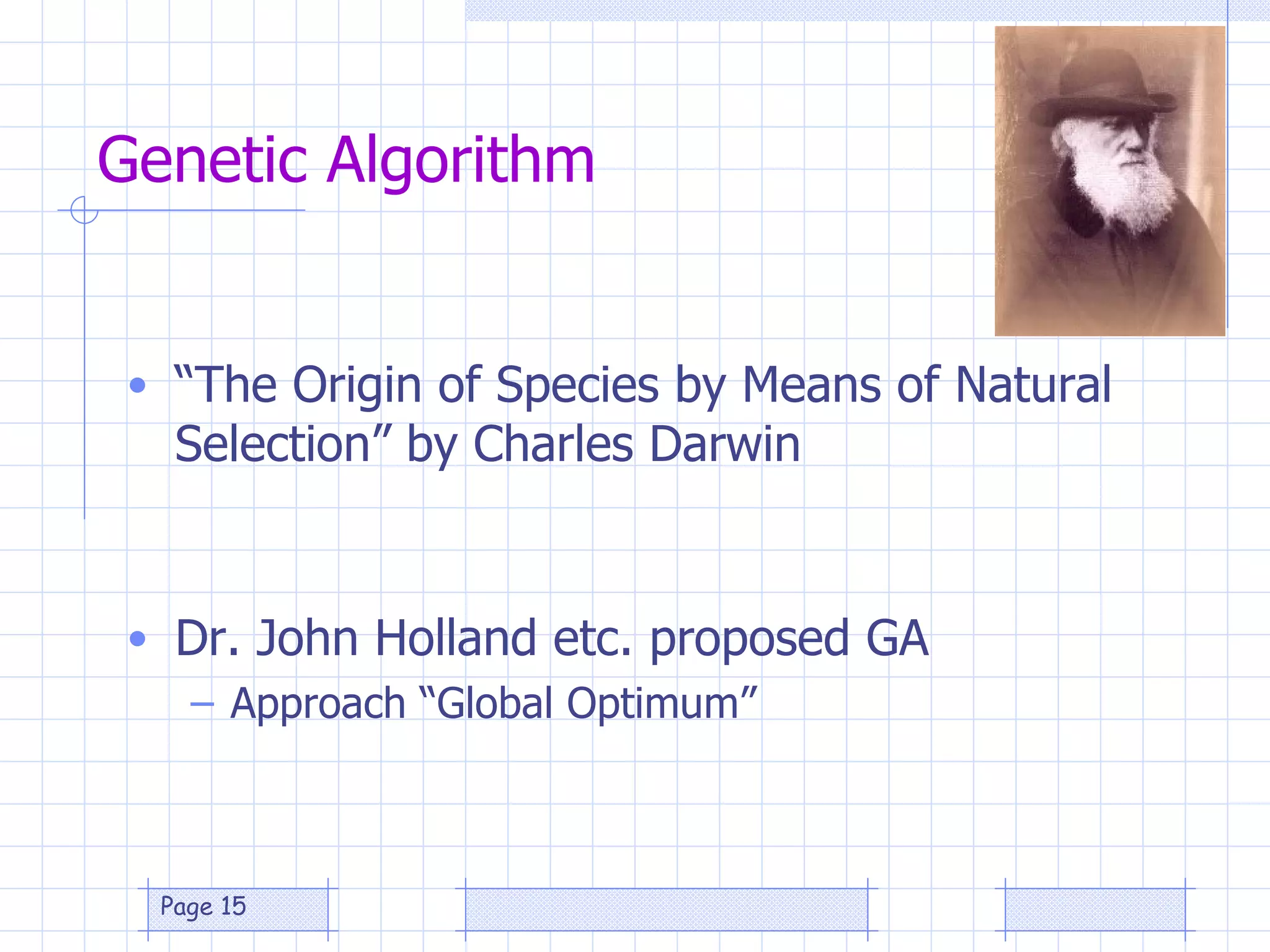 Genetic Algorithm “ The Origin of Species by Means of Natural Selection” by Charles Darwin  Dr. John Holland etc. proposed GA Approach “Global Optimum”  