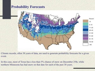 Probability Forecasts
Climate records, often 30 years of data, are used to generate probability forecasts for a given
event.
In this case, most of Texas has a less than 5% chance of snow on December 25th, while
northern Minnesota has had snow on that date for each of the past 30 years.
 