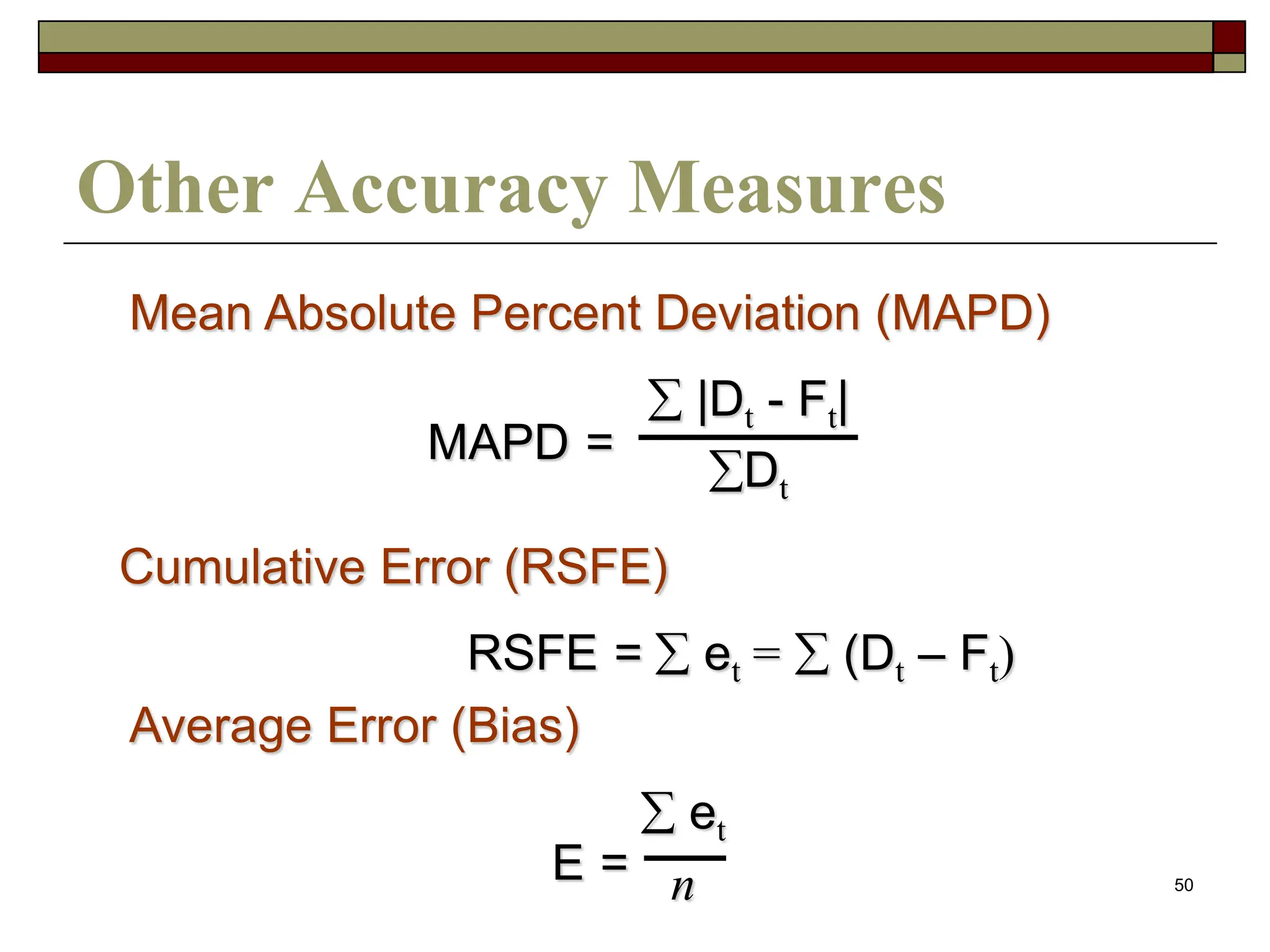 50
Other Accuracy Measures
Mean Absolute Percent Deviation (MAPD)
MAPD =
 |Dt - Ft|
Dt
Cumulative Error (RSFE)
RSFE =  et =  (Dt – Ft)
Average Error (Bias)
E =
 et
n
 