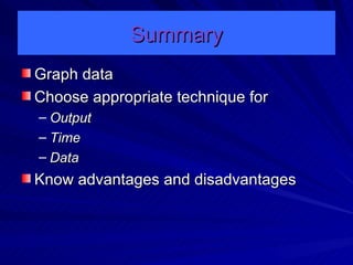 Summary Graph data Choose appropriate technique for Output Time Data Know advantages and disadvantages 