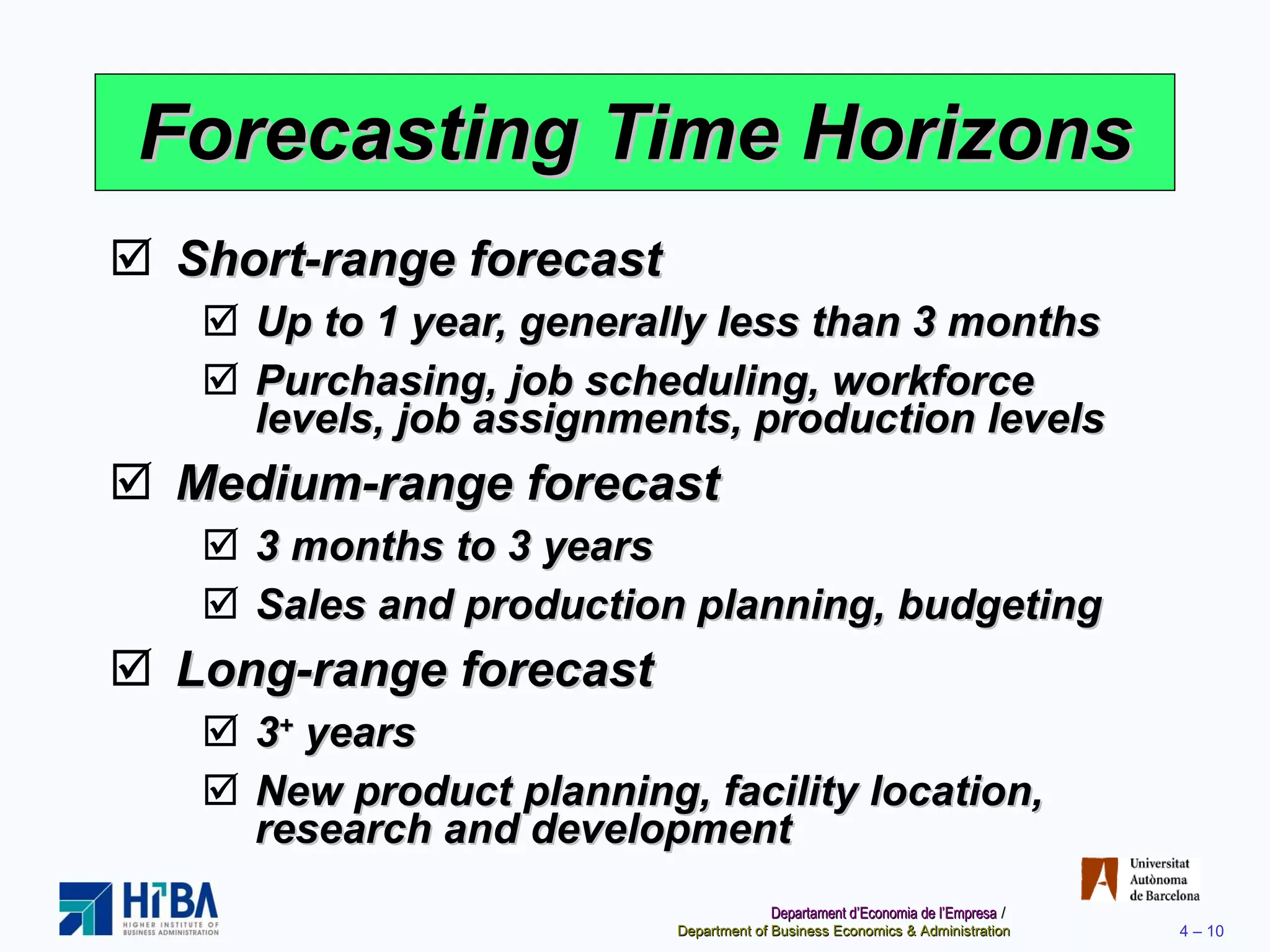 Short-range forecast Up to 1 year, generally less than 3 months Purchasing, job scheduling, workforce levels, job assignments, production levels Medium-range forecast 3 months to 3 years Sales and production planning, budgeting Long-range forecast 3 +  years New product planning, facility location, research and development Forecasting Time Horizons 