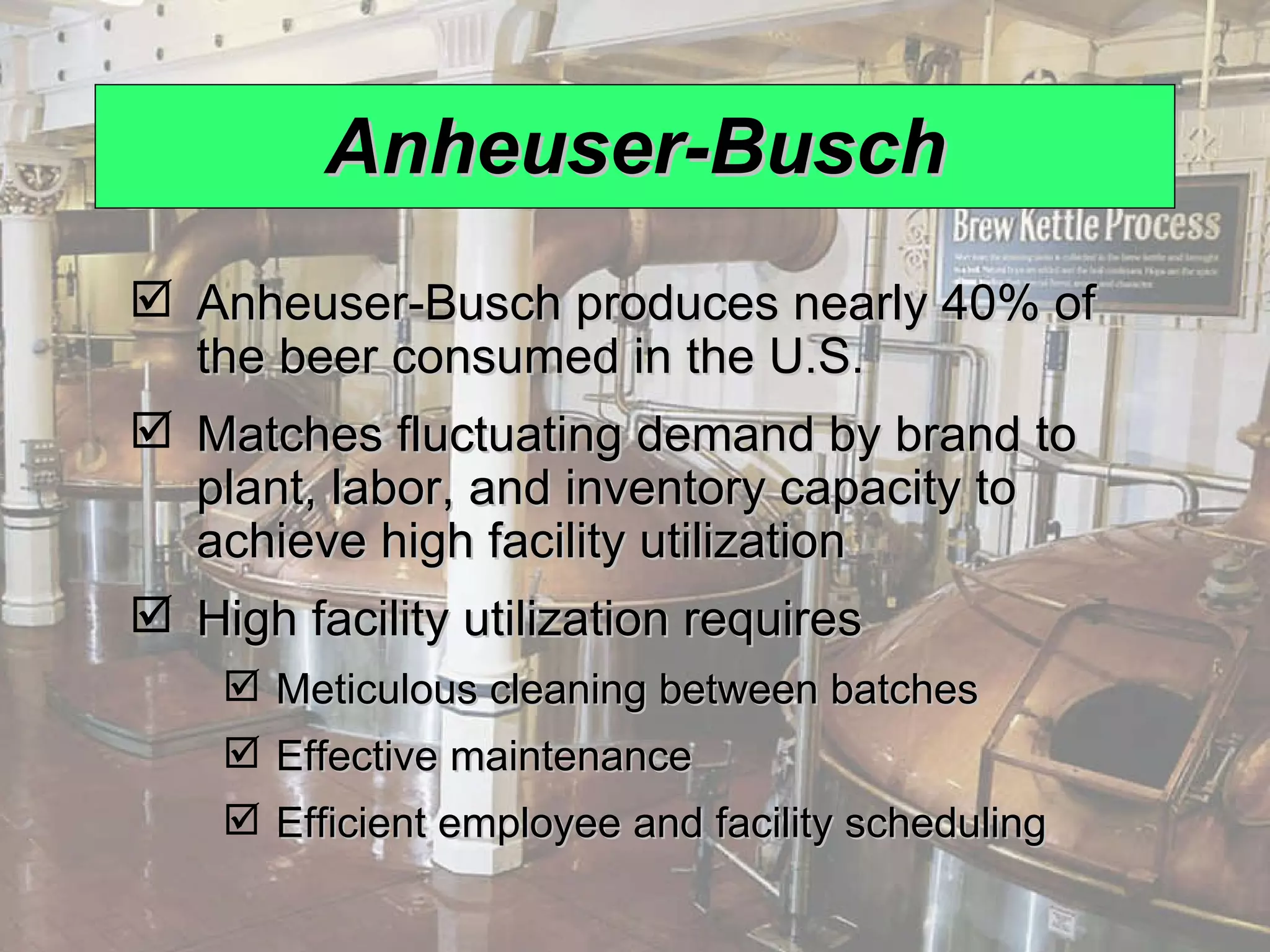 Anheuser-Busch Anheuser-Busch produces nearly 40% of the beer consumed in the U.S. Matches fluctuating demand by brand to plant, labor, and inventory capacity to achieve high facility utilization High facility utilization requires Meticulous cleaning between batches Effective maintenance Efficient employee and facility scheduling 