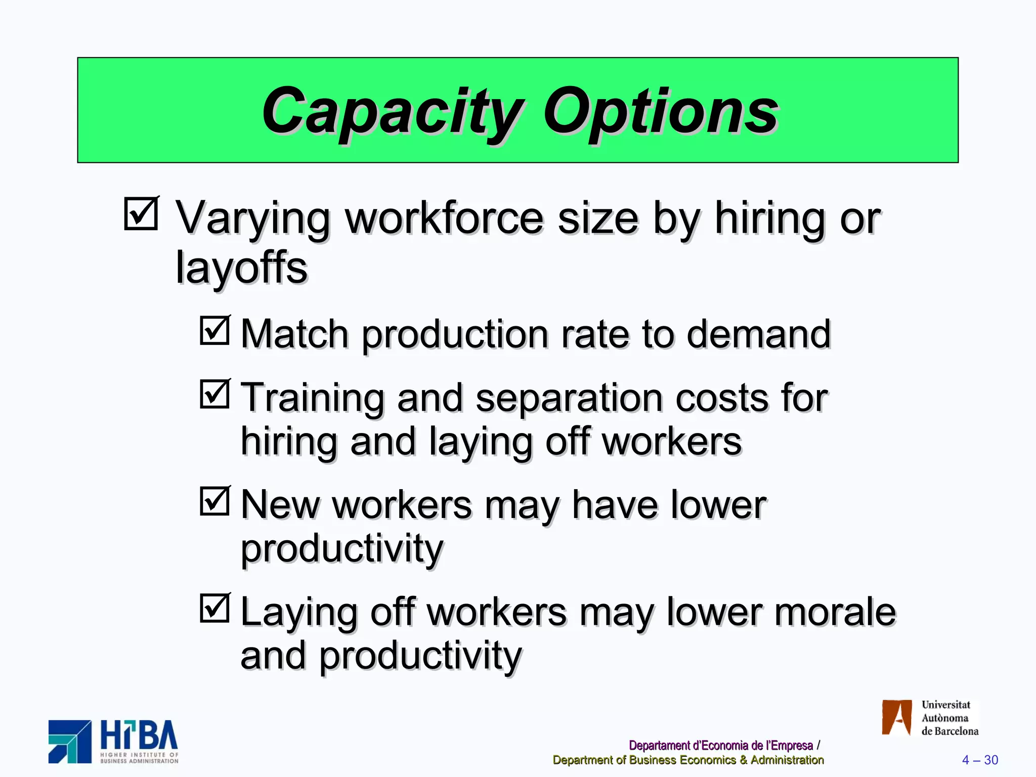 Capacity Options Varying workforce size by hiring or layoffs Match production rate to demand Training and separation costs for hiring and laying off workers  New workers may have lower productivity Laying off workers may lower morale and productivity 