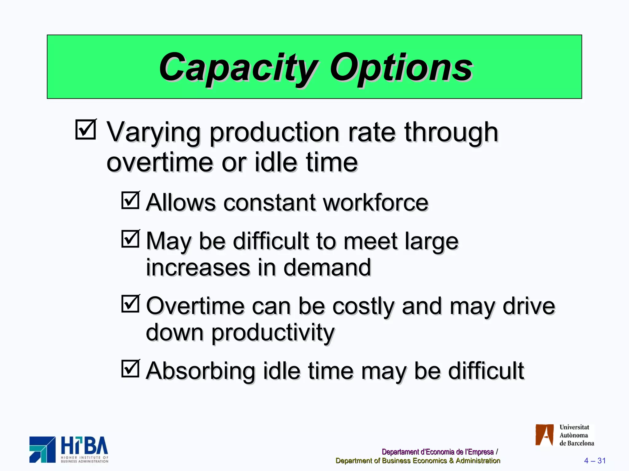 Capacity Options Varying production rate through overtime or idle time Allows constant workforce May be difficult to meet large increases in demand Overtime can be costly and may drive down productivity Absorbing idle time may be difficult 