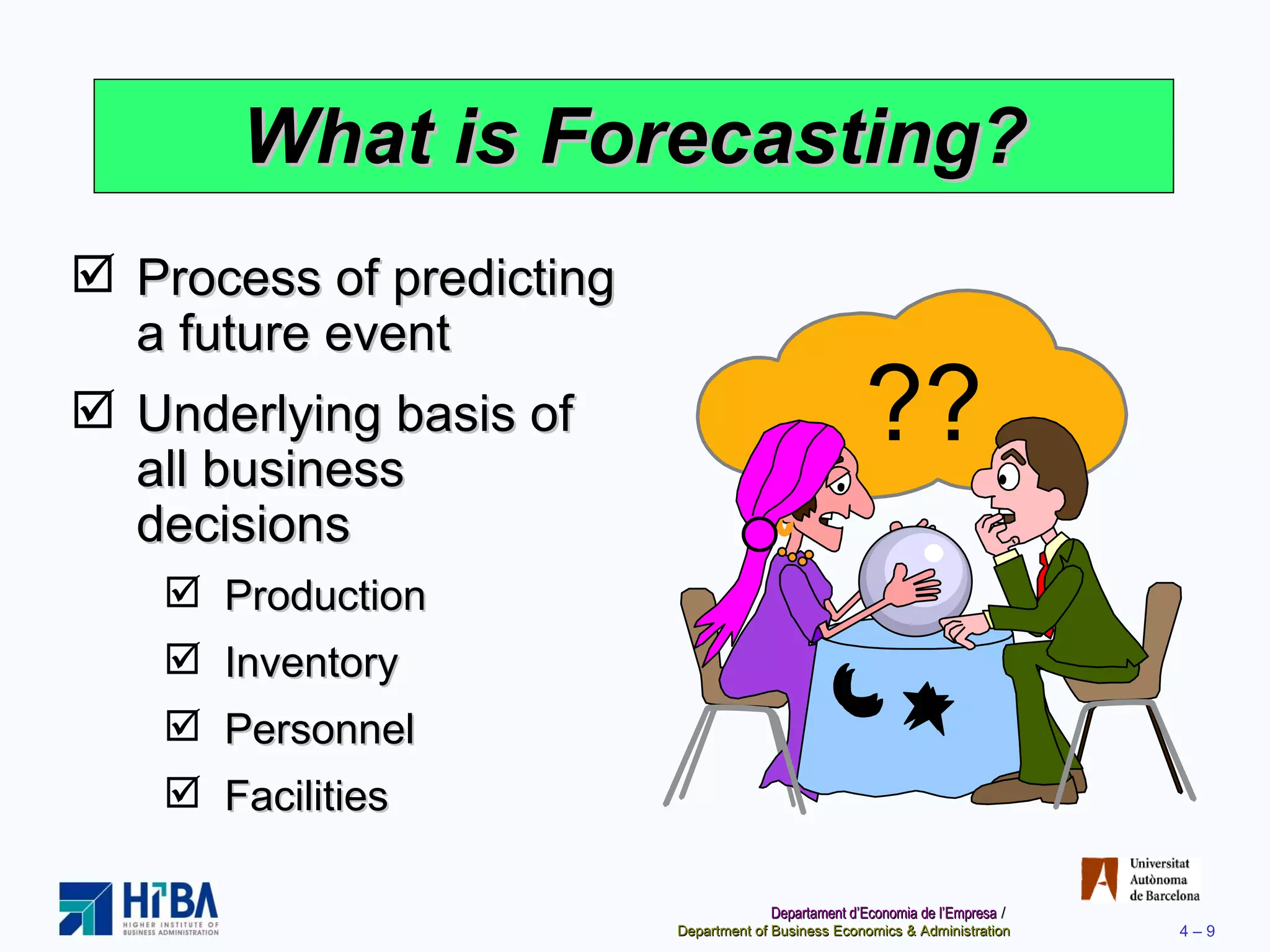 What is Forecasting? Process of predicting a future event Underlying basis of  all business decisions Production Inventory Personnel Facilities ?? 
