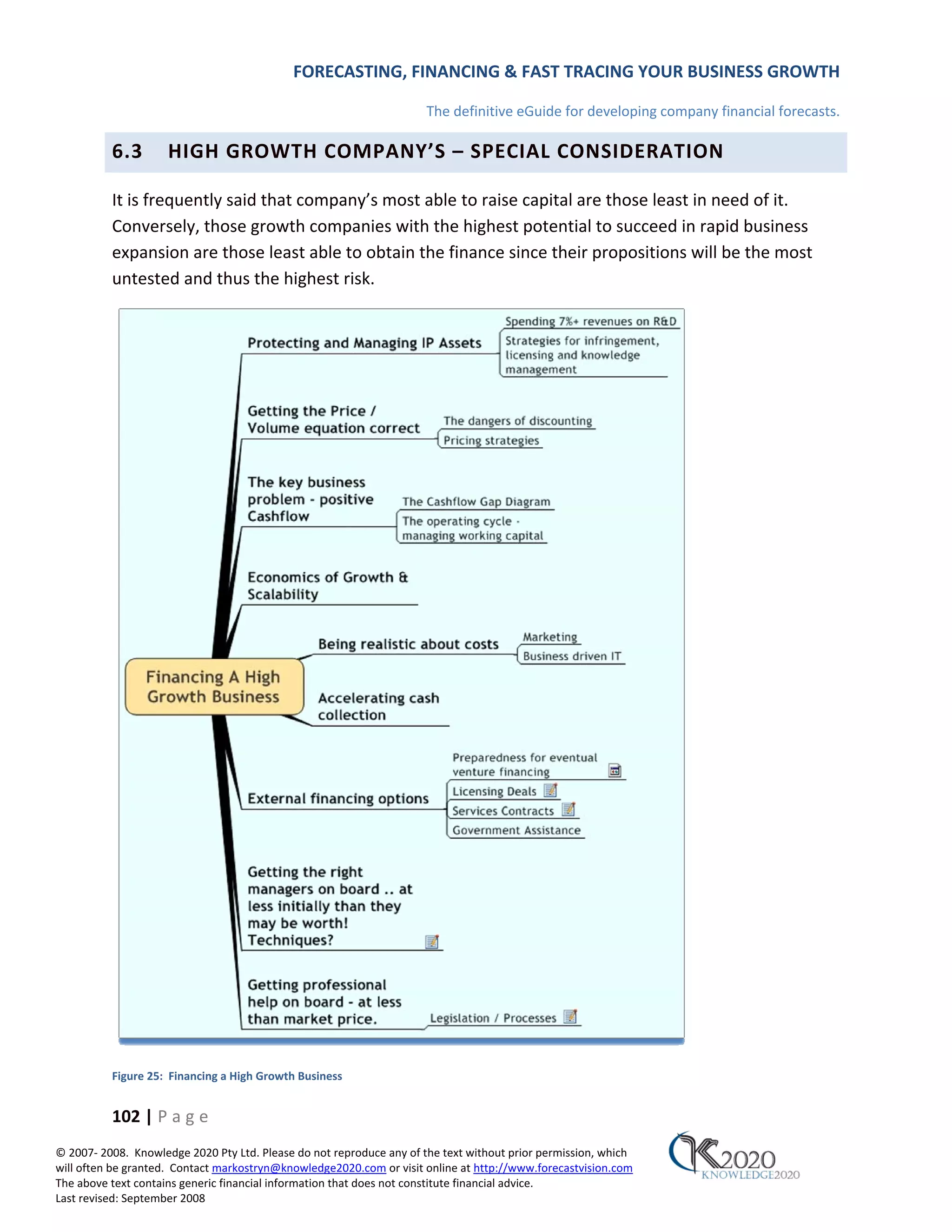 FORECASTING, FINANCING & FAST TRACING YOUR BUSINESS GROWTH

                                                                      The definitive eGuide for developing company financial forecasts.

          6.3        HIGH GROWTH COMPANY’S – SPECIAL CONSIDERATION

          It is frequently said that company’s most able to raise capital are those least in need of it.
          Conversely, those growth companies with the highest potential to succeed in rapid business
          expansion are those least able to obtain the finance since their propositions will be the most
          untested and thus the highest risk.




          Figure 25: Financing a High Growth Business


          102 | P a g e
© 2007‐ 2008. Knowledge 2020 Pty Ltd. Please do not reproduce any of the text without prior permission, which
will often be granted. Contact markostryn@knowledge2020.com or visit online at http://www.forecastvision.com
The above text contains generic financial information that does not constitute financial advice.
Last revised: September 2008
 