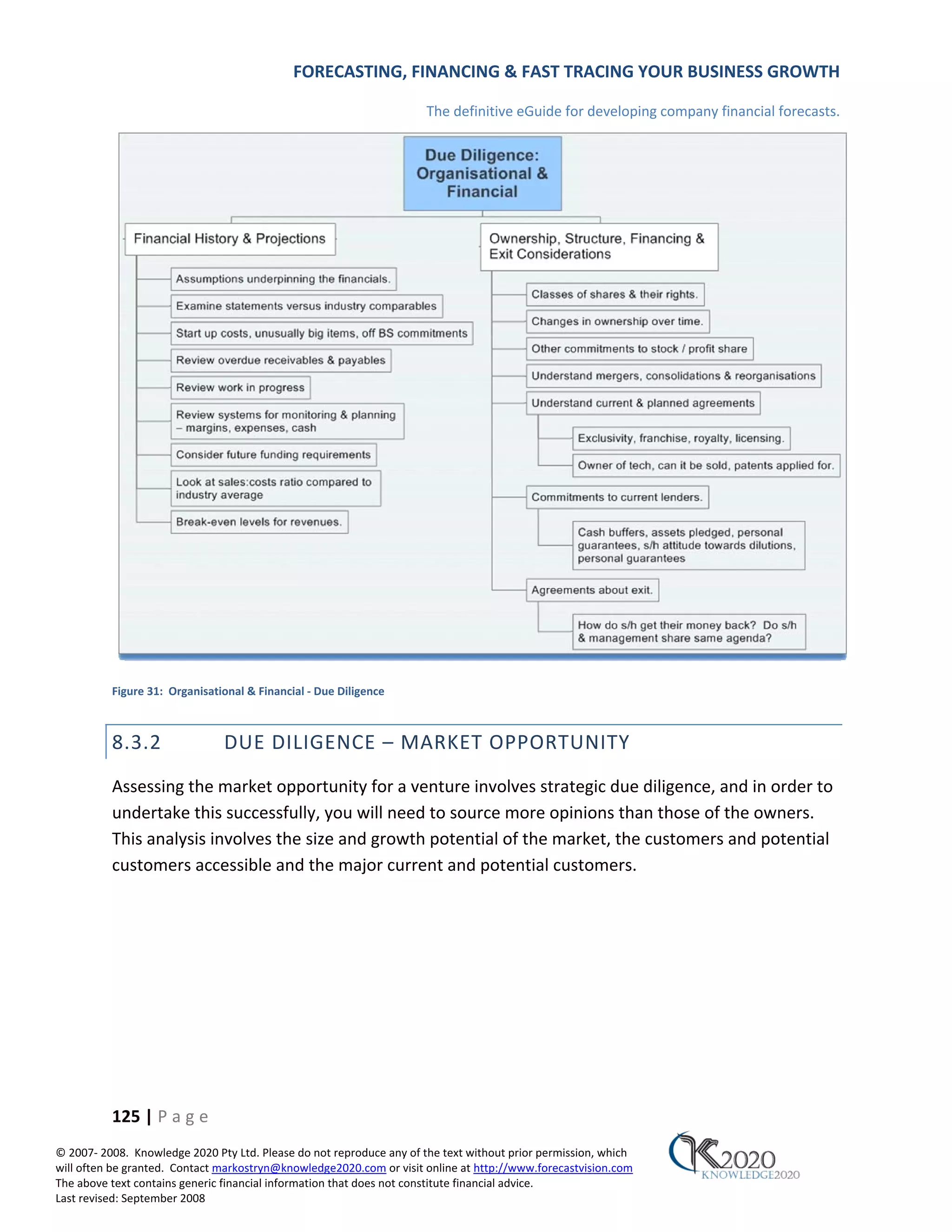 FORECASTING, FINANCING & FAST TRACING YOUR BUSINESS GROWTH

                                                                      The definitive eGuide for developing company financial forecasts.




          Figure 31: Organisational & Financial ‐ Due Diligence



          8.3.2                DUE DILIGENCE – MARKET OPPORTUNITY
          Assessing the market opportunity for a venture involves strategic due diligence, and in order to
          undertake this successfully, you will need to source more opinions than those of the owners.
          This analysis involves the size and growth potential of the market, the customers and potential
          customers accessible and the major current and potential customers.




          125 | P a g e
© 2007‐ 2008. Knowledge 2020 Pty Ltd. Please do not reproduce any of the text without prior permission, which
will often be granted. Contact markostryn@knowledge2020.com or visit online at http://www.forecastvision.com
The above text contains generic financial information that does not constitute financial advice.
Last revised: September 2008
 