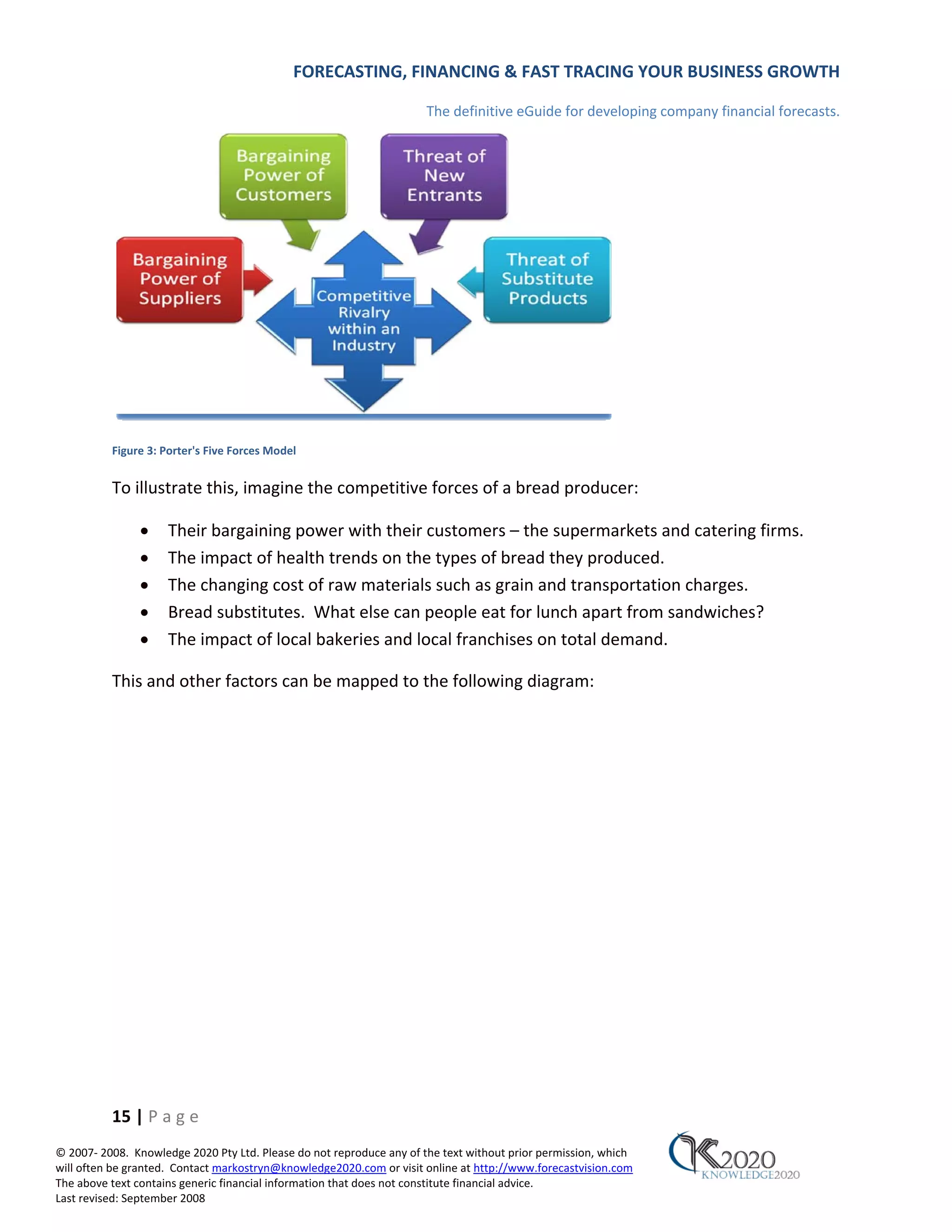 FORECASTING, FINANCING & FAST TRACING YOUR BUSINESS GROWTH

                                                                      The definitive eGuide for developing company financial forecasts.




          Figure 3: Porter's Five Forces Model


          To illustrate this, imagine the competitive forces of a bread producer:

               •     Their bargaining power with their customers – the supermarkets and catering firms.
               •     The impact of health trends on the types of bread they produced.
               •     The changing cost of raw materials such as grain and transportation charges.
               •     Bread substitutes. What else can people eat for lunch apart from sandwiches?
               •     The impact of local bakeries and local franchises on total demand.

          This and other factors can be mapped to the following diagram:




          15 | P a g e
© 2007‐ 2008. Knowledge 2020 Pty Ltd. Please do not reproduce any of the text without prior permission, which
will often be granted. Contact markostryn@knowledge2020.com or visit online at http://www.forecastvision.com
The above text contains generic financial information that does not constitute financial advice.
Last revised: September 2008
 
