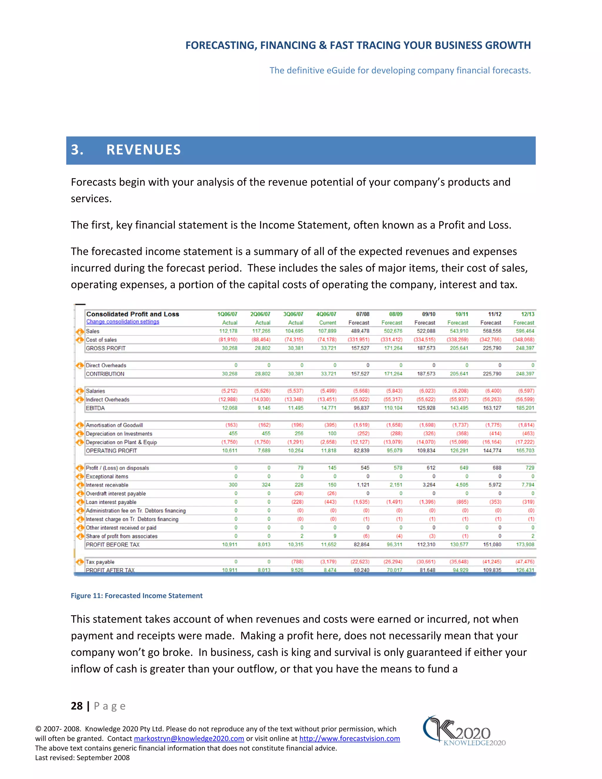 FORECASTING, FINANCING & FAST TRACING YOUR BUSINESS GROWTH

                                                                      The definitive eGuide for developing company financial forecasts.




          3.         REVENUES
          Forecasts begin with your analysis of the revenue potential of your company’s products and
          services.

          The first, key financial statement is the Income Statement, often known as a Profit and Loss.

          The forecasted income statement is a summary of all of the expected revenues and expenses
          incurred during the forecast period. These includes the sales of major items, their cost of sales,
          operating expenses, a portion of the capital costs of operating the company, interest and tax.




          Figure 11: Forecasted Income Statement


          This statement takes account of when revenues and costs were earned or incurred, not when
          payment and receipts were made. Making a profit here, does not necessarily mean that your
          company won’t go broke. In business, cash is king and survival is only guaranteed if either your
          inflow of cash is greater than your outflow, or that you have the means to fund a


          28 | P a g e
© 2007‐ 2008. Knowledge 2020 Pty Ltd. Please do not reproduce any of the text without prior permission, which
will often be granted. Contact markostryn@knowledge2020.com or visit online at http://www.forecastvision.com
The above text contains generic financial information that does not constitute financial advice.
Last revised: September 2008
 