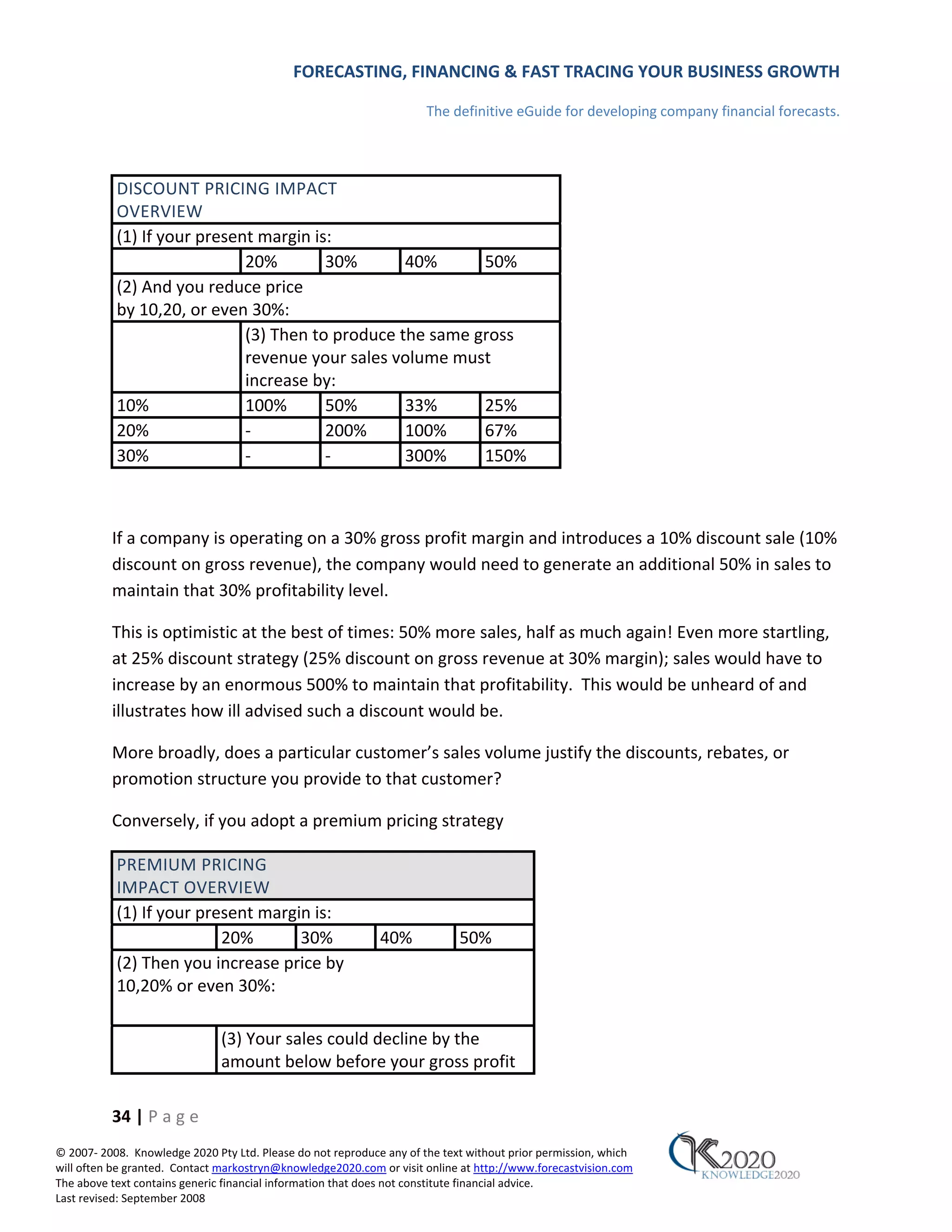 FORECASTING, FINANCING & FAST TRACING YOUR BUSINESS GROWTH

                                                                      The definitive eGuide for developing company financial forecasts.




           DISCOUNT PRICING IMPACT
           OVERVIEW
           (1) If your present margin is:
                             20%        30%       40%      50%
           (2) And you reduce price
           by 10,20, or even 30%:
                             (3) Then to produce the same gross
                             revenue your sales volume must
                             increase by:
           10%               100%       50%       33%      25%
           20%               ‐          200%      100%     67%
           30%               ‐          ‐         300%     150%



          If a company is operating on a 30% gross profit margin and introduces a 10% discount sale (10%
          discount on gross revenue), the company would need to generate an additional 50% in sales to
          maintain that 30% profitability level.

          This is optimistic at the best of times: 50% more sales, half as much again! Even more startling,
          at 25% discount strategy (25% discount on gross revenue at 30% margin); sales would have to
          increase by an enormous 500% to maintain that profitability. This would be unheard of and
          illustrates how ill advised such a discount would be.

          More broadly, does a particular customer’s sales volume justify the discounts, rebates, or
          promotion structure you provide to that customer?

          Conversely, if you adopt a premium pricing strategy

           PREMIUM PRICING
           IMPACT OVERVIEW
           (1) If your present margin is:
                          20%       30%                      40%            50%
           (2) Then you increase price by
           10,20% or even 30%:

                               (3) Your sales could decline by the
                               amount below before your gross profit

          34 | P a g e
© 2007‐ 2008. Knowledge 2020 Pty Ltd. Please do not reproduce any of the text without prior permission, which
will often be granted. Contact markostryn@knowledge2020.com or visit online at http://www.forecastvision.com
The above text contains generic financial information that does not constitute financial advice.
Last revised: September 2008
 