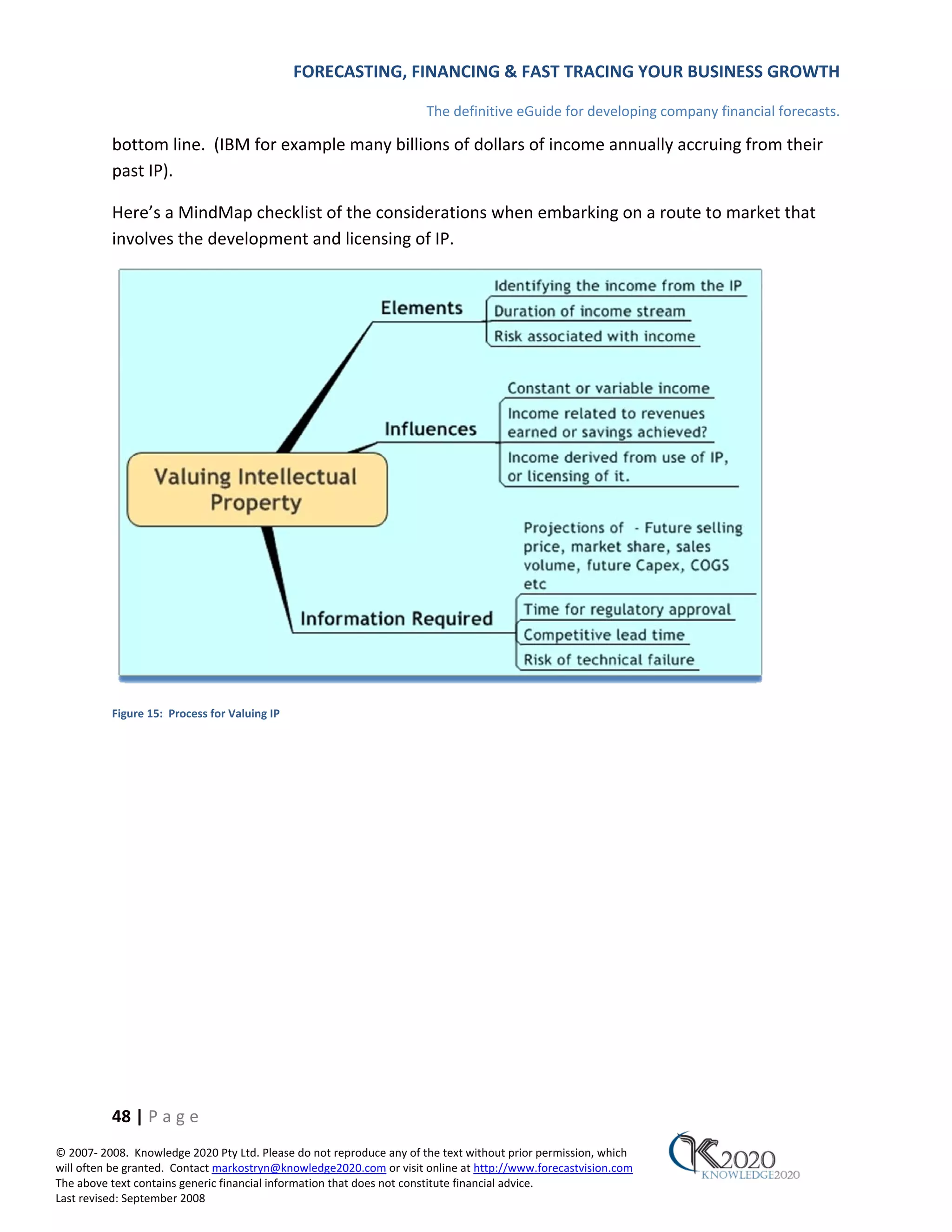 FORECASTING, FINANCING & FAST TRACING YOUR BUSINESS GROWTH

                                                                      The definitive eGuide for developing company financial forecasts.

          bottom line. (IBM for example many billions of dollars of income annually accruing from their
          past IP).

          Here’s a MindMap checklist of the considerations when embarking on a route to market that
          involves the development and licensing of IP.




          Figure 15: Process for Valuing IP




          48 | P a g e
© 2007‐ 2008. Knowledge 2020 Pty Ltd. Please do not reproduce any of the text without prior permission, which
will often be granted. Contact markostryn@knowledge2020.com or visit online at http://www.forecastvision.com
The above text contains generic financial information that does not constitute financial advice.
Last revised: September 2008
 