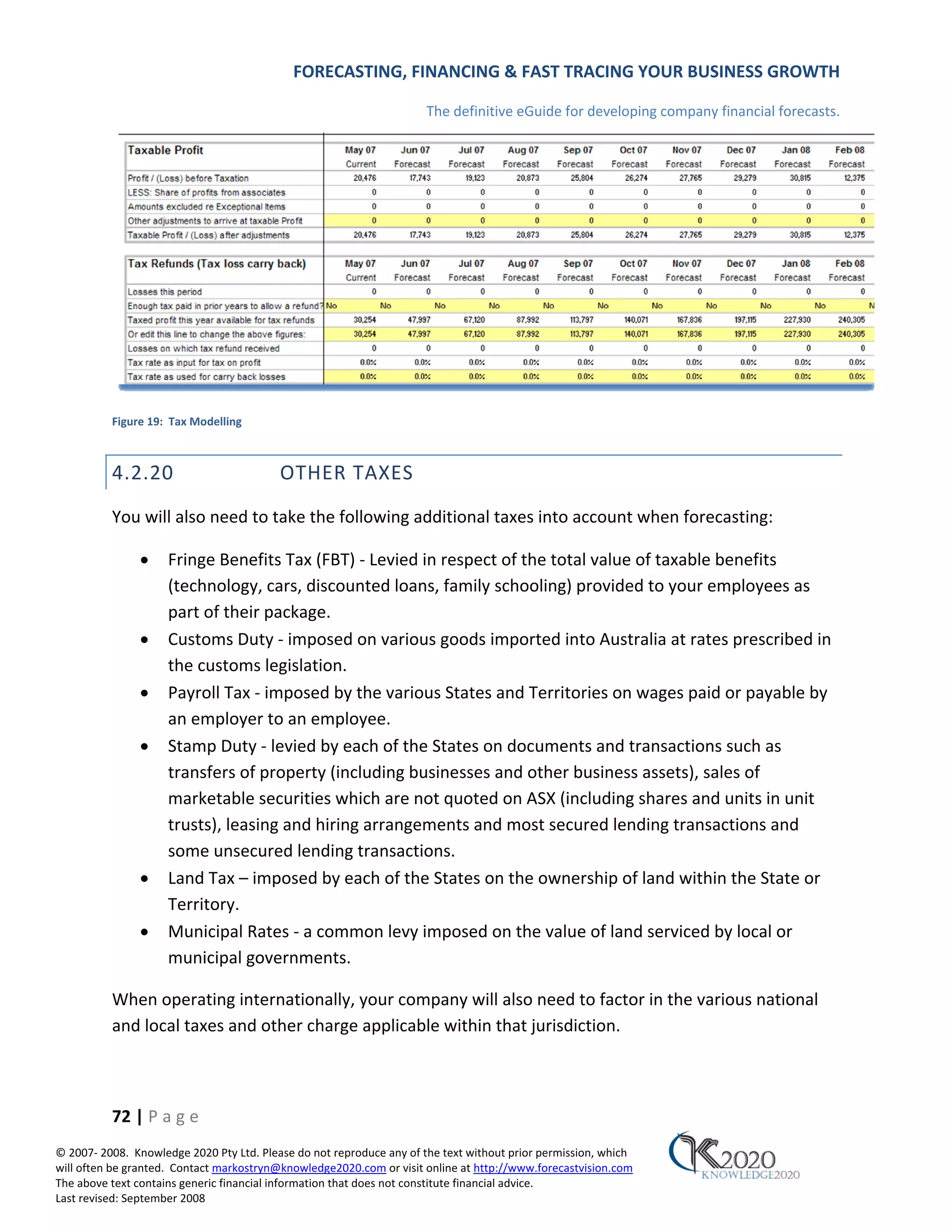 FORECASTING, FINANCING & FAST TRACING YOUR BUSINESS GROWTH

                                                                      The definitive eGuide for developing company financial forecasts.




          Figure 19: Tax Modelling



          4.2.20                          OTHER TAXES
          You will also need to take the following additional taxes into account when forecasting:

               •     Fringe Benefits Tax (FBT) ‐ Levied in respect of the total value of taxable benefits
                     (technology, cars, discounted loans, family schooling) provided to your employees as
                     part of their package.
               •     Customs Duty ‐ imposed on various goods imported into Australia at rates prescribed in
                     the customs legislation.
               •     Payroll Tax ‐ imposed by the various States and Territories on wages paid or payable by
                     an employer to an employee.
               •     Stamp Duty ‐ levied by each of the States on documents and transactions such as
                     transfers of property (including businesses and other business assets), sales of
                     marketable securities which are not quoted on ASX (including shares and units in unit
                     trusts), leasing and hiring arrangements and most secured lending transactions and
                     some unsecured lending transactions.
               •     Land Tax – imposed by each of the States on the ownership of land within the State or
                     Territory.
               •     Municipal Rates ‐ a common levy imposed on the value of land serviced by local or
                     municipal governments.

          When operating internationally, your company will also need to factor in the various national
          and local taxes and other charge applicable within that jurisdiction.



          72 | P a g e
© 2007‐ 2008. Knowledge 2020 Pty Ltd. Please do not reproduce any of the text without prior permission, which
will often be granted. Contact markostryn@knowledge2020.com or visit online at http://www.forecastvision.com
The above text contains generic financial information that does not constitute financial advice.
Last revised: September 2008
 